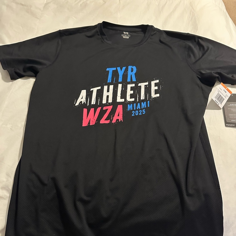 TYR Black Athlete Tee with Blue and Pink Accents